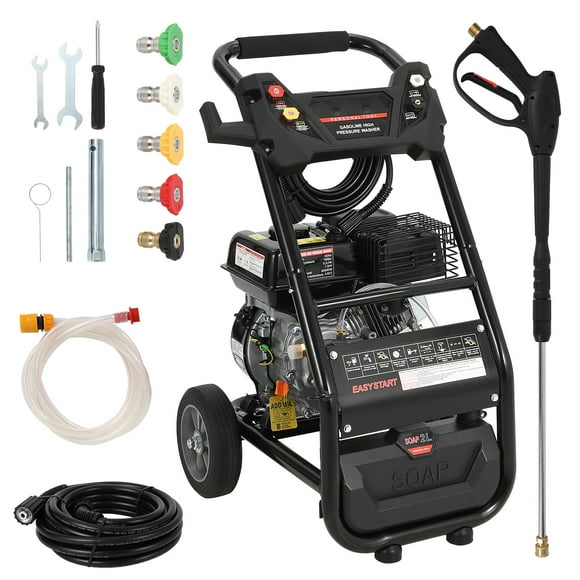 3600 PSI Gas Pressure Washer 2.6 GPM 210CC, Heavy Duty Power Washer with 5 Nozzles and 26 ft Hose, Brass Pump Steel Frame for Curtains Driveway Deck Vehicle, Copper