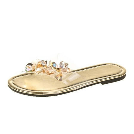 

TUOBARR Sandals Women Dressy Summer Flat Women s Summer Fashion Casual Flat Rhinestone Flower Decoration Beach Slippers Gold