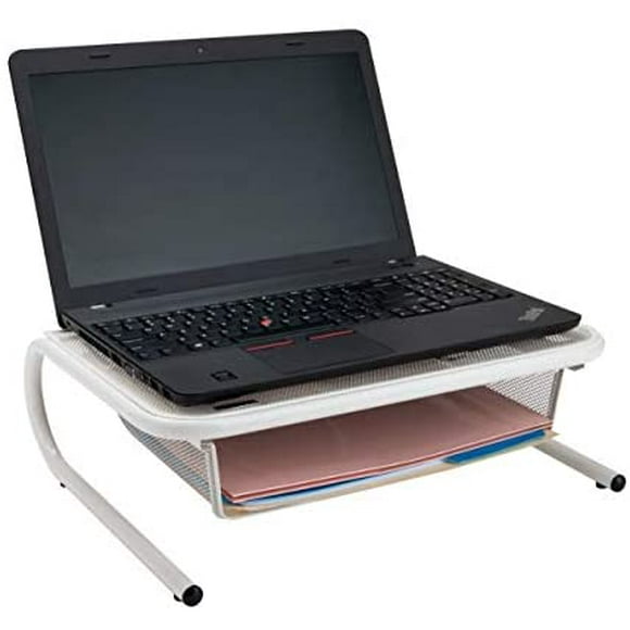 Mind Reader Mesh Stand with Shelf Monitor Riser with Storage Organizer Drawer, White