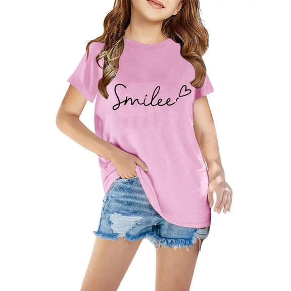 Zwiiyzr Kid Shirts Letter Printed Tees for Boys and Girls Short Sleeve Novelty T-Shirts Unisex Casual Tops Size 3-12 Years Pink