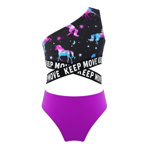 CHICTRY Kids Girls 2Pcs Swimsuit Swimming Single Shoulder Tops with Briefs Pool Swimming Set