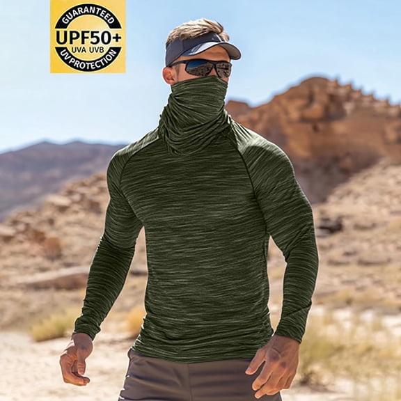 Sun Hoodies for Men Long Sleeve UPF50 Breathable Lightweight Compression Fit Hooded Top with Face Mask
