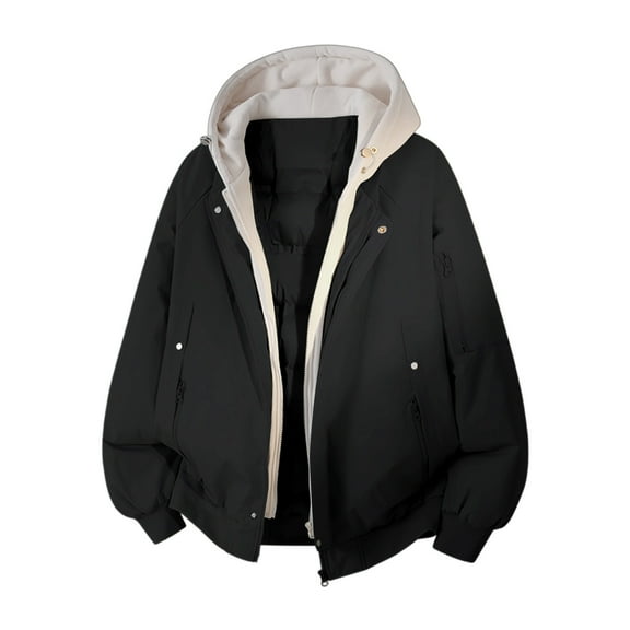 uublik Puffer Jackets For Men Winter Warm Snow Coat Windbreaker Hooded Work Outerwear Snowboarding Jackets Black