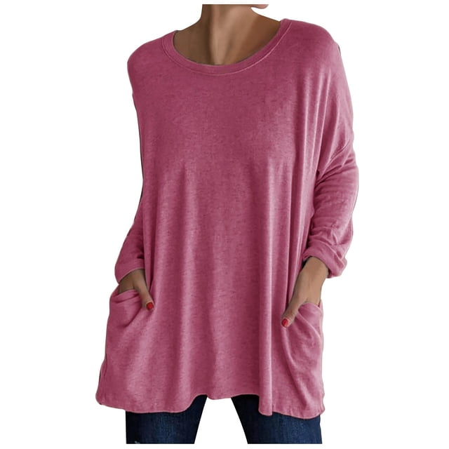 Simua Chandails Décontractés pour Femmes à Manches Longues, Col Rond, avec Poche, T-Shirts, Chemisiers, Tunique, Hauts de Type Chandail en Molleton avec Poche, Rose Vif, TTTTG