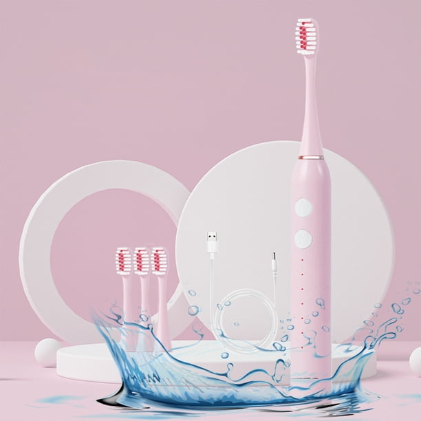 Cepillo de dientes eléctrico con temporizador y 4 cabezales de cepillo - Impermeable IPX7, 5 modos de limpieza, recargable por USB, portátil para viajar - blanco, rosa, azul