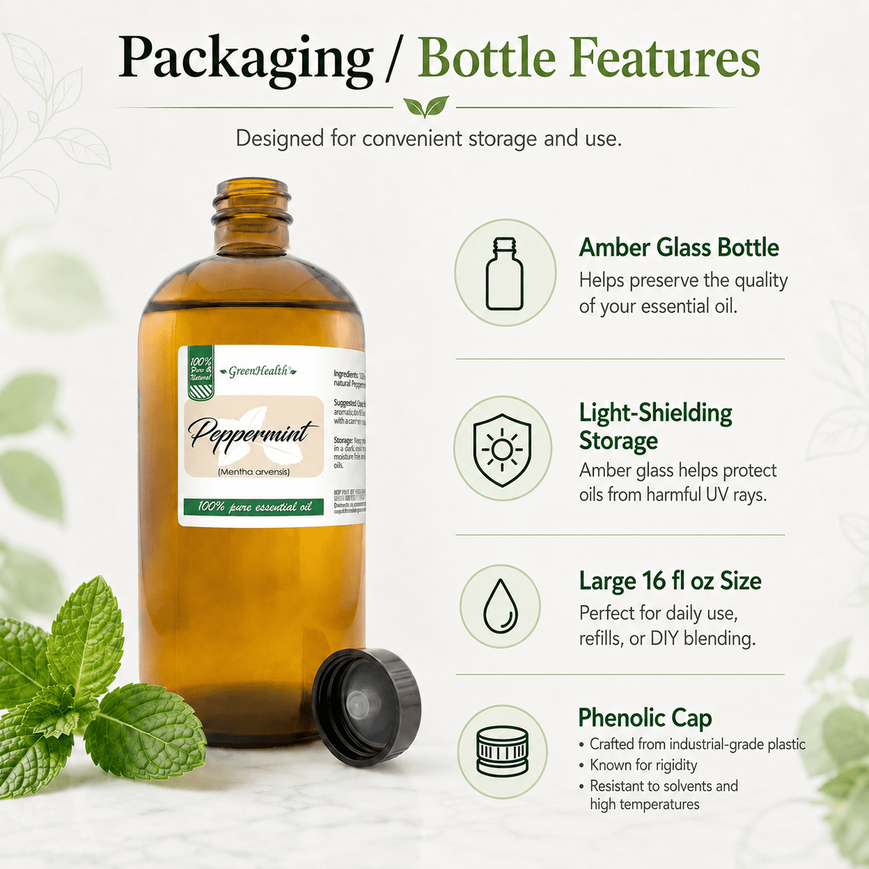 Peppermint Essential Oil - 16 fl oz (473 ml) Glass Bottle w/ Cap - 100% Pure Essential Oil by GreenHealth