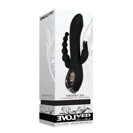 Evolved Love Is Back - Trifecta - 3 Powerful Motors - Rechargeable Silicone Rabbit-Style Triple Stimulator - Anal, Vaginal & Clitoral - Black