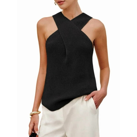 Women Halter - over Collar Tank Knit Sleeveless Top Solid Color Casual Summer Blouse