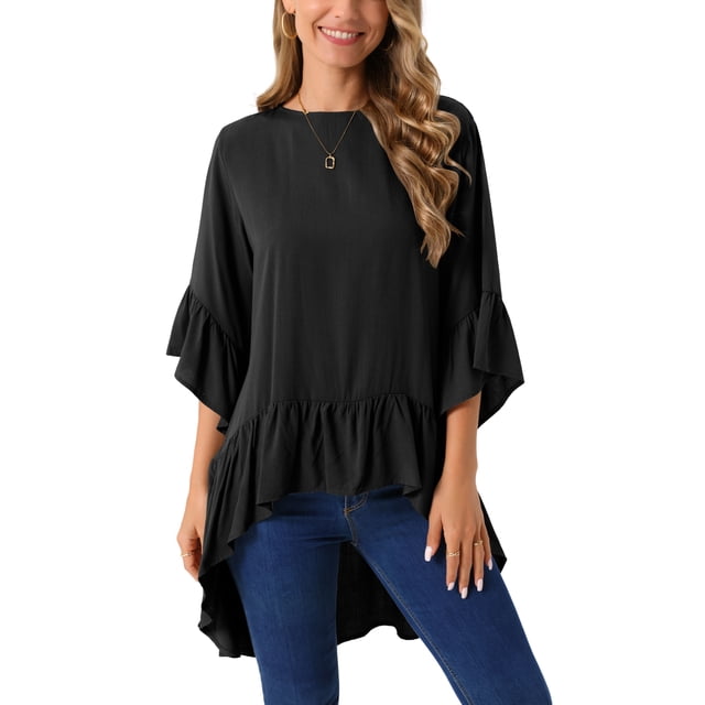 INSPIRE CHIC Women's High Low Tops 3/4 Bell Sleeve Round Neck Keyhole Back Casual Ruffle Hem Asymmetrical Blouse 2XL Black