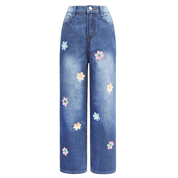 WERYOUNG Girls Denim Pants Elastic Waist Floral Print Wide Leg Jeans Trousers Kids Stretch Back To School Pants 8-9 Years