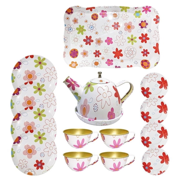 Kids Tea Party Set Pretend Play Kitchen Party Dessert Cookies Teapot Tray For Girls BoysKids Simulated Tinplate Tea Set Toys, Playing House, Teapot, Tea Cup Set, Kindergarten Girls Game Props