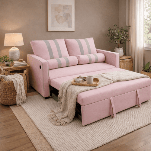 68.5 Inch Pink 2-Seater Pull Out Sleeper Sofa Bed with USB Charging Port, 3-Position Adjustable Backrest Convertible Loveseat for Living Room, Guest Room, Apartment