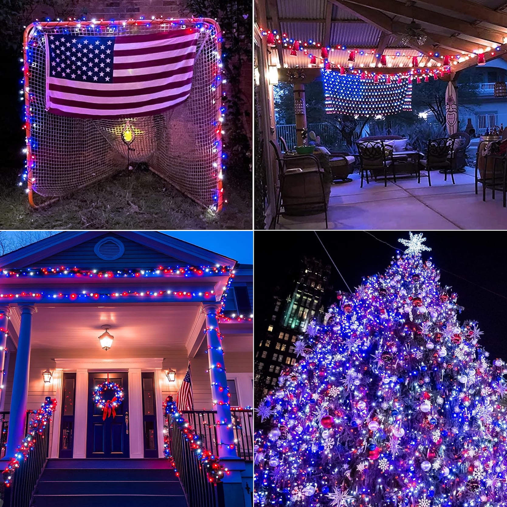 LAMPHOME 33ft Music Christmas Mini Lights (Green Wire),100 LED Fairy Starry String Light Plug in for Indoor Outdoor Xmas Tree Wedding Party Decoration (White+Red+Blue)