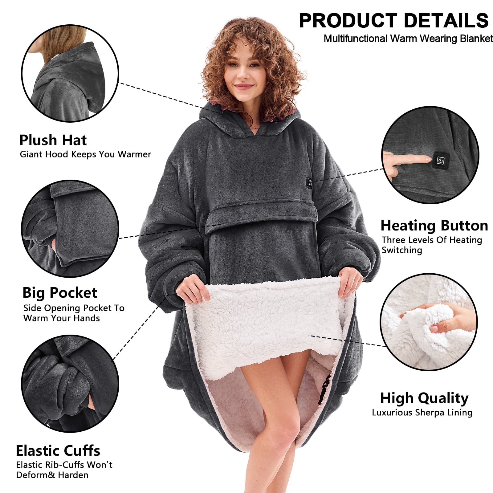 PMONPA Heated Wearable Blanket, Oversized Wearable Heated Blanket for Adult Extra Long Version, Sherpa Fleece Blanket Hoodie, One Size, Grey