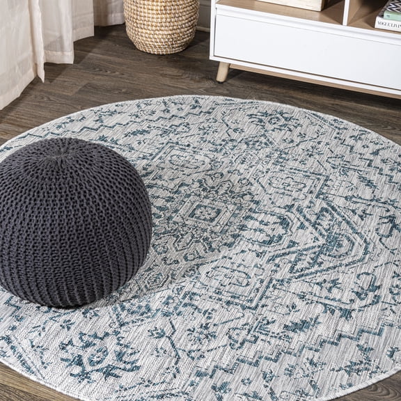 JONATHAN Y SANTA MONICA 5' Round Area Rug, Estrella Bohemian Medallion Textured Weave - Teal/Gray, SMB105C-5R