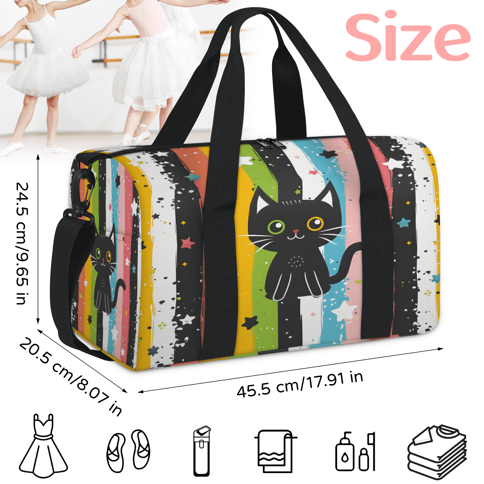 Herdesigns Black Cat Travel Duffle Bag Sports Yoga Weekender Overnight Carry on Workout Bags Lightweight Waterproof Gym Tote Bag for Women