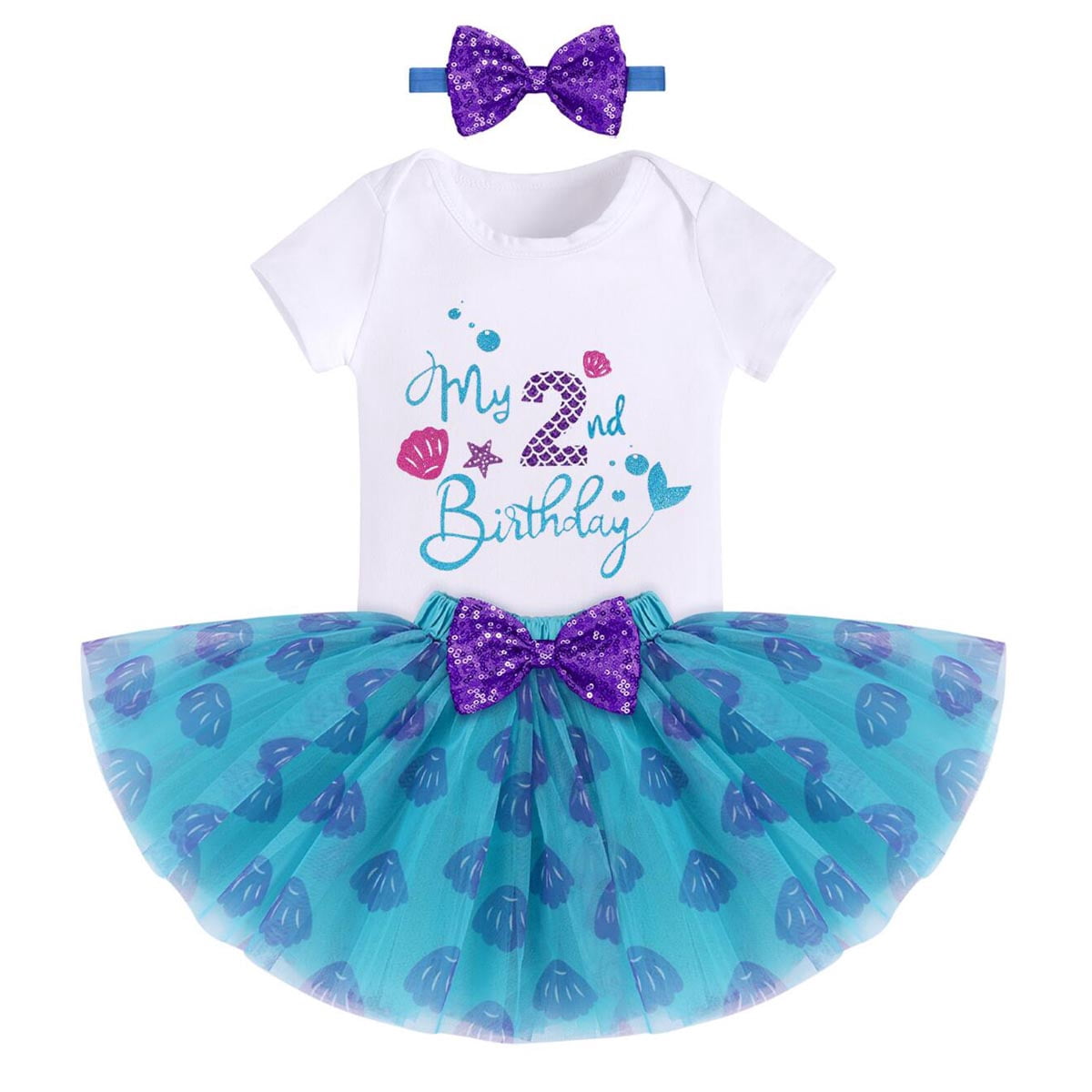 IBTOM CASTLE Toddler Baby Girls Mermaid 1st Birthday Outfit Princess Romper + Tutu Skirt + Shiny Bowknot Headband Cake Smash Clothes Set, 3-Piece