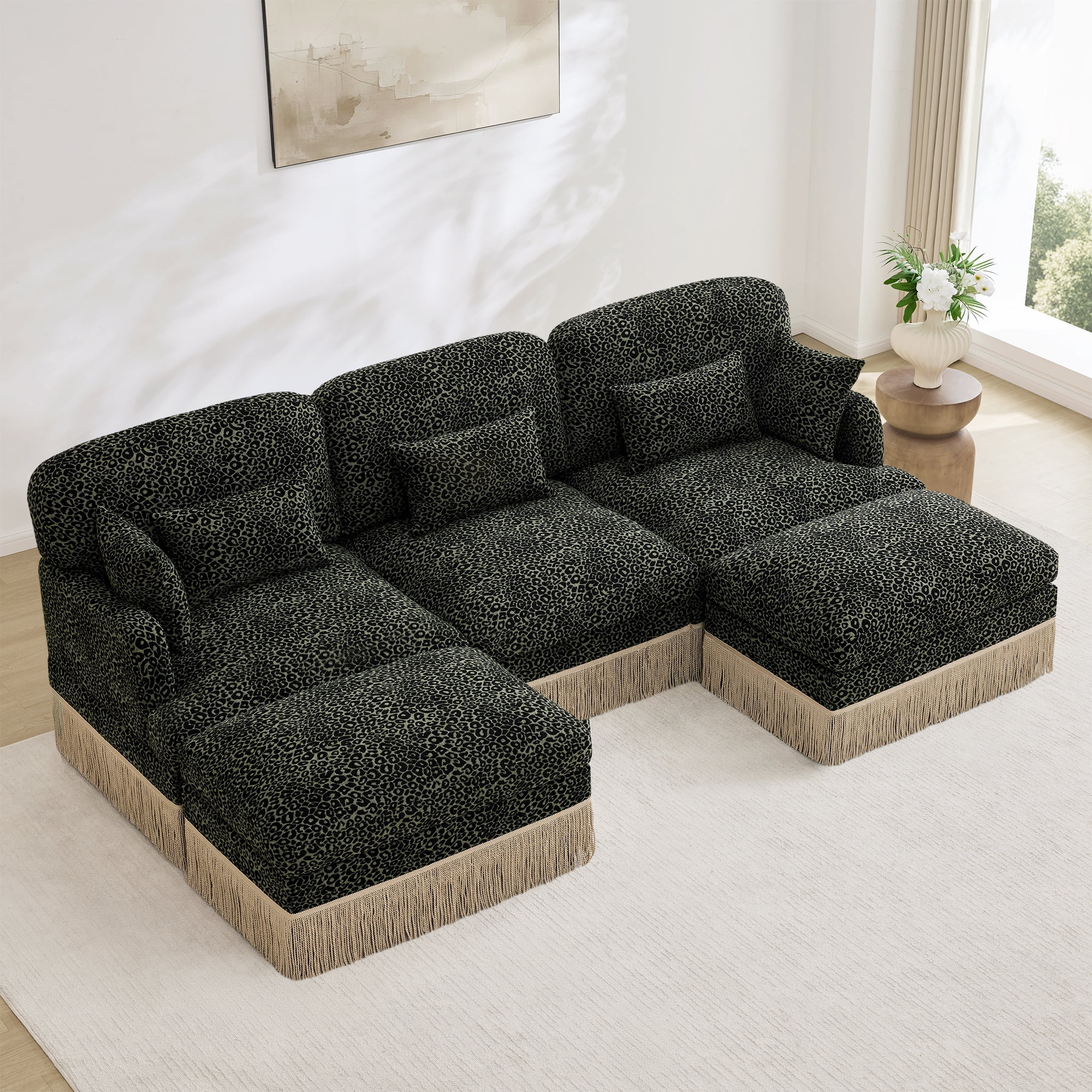 100" Chenille Leopard Tassel Deep Seat U Shape 3 Seater Modular Sofa Couch with 5 Throw Pillows and 2 Ottoman