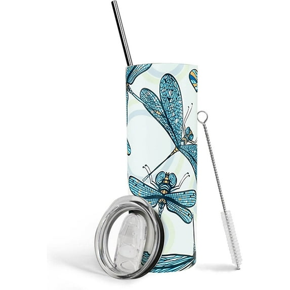 Dragonfly Tumbler With Lid and Straw Stainless Steel 20oz Dragonfly Skinny Tumbler Insulated Dragonfly Water Bottle Cups Coffee Mug Travel Tumbler Dragonfly Gifts for Women
