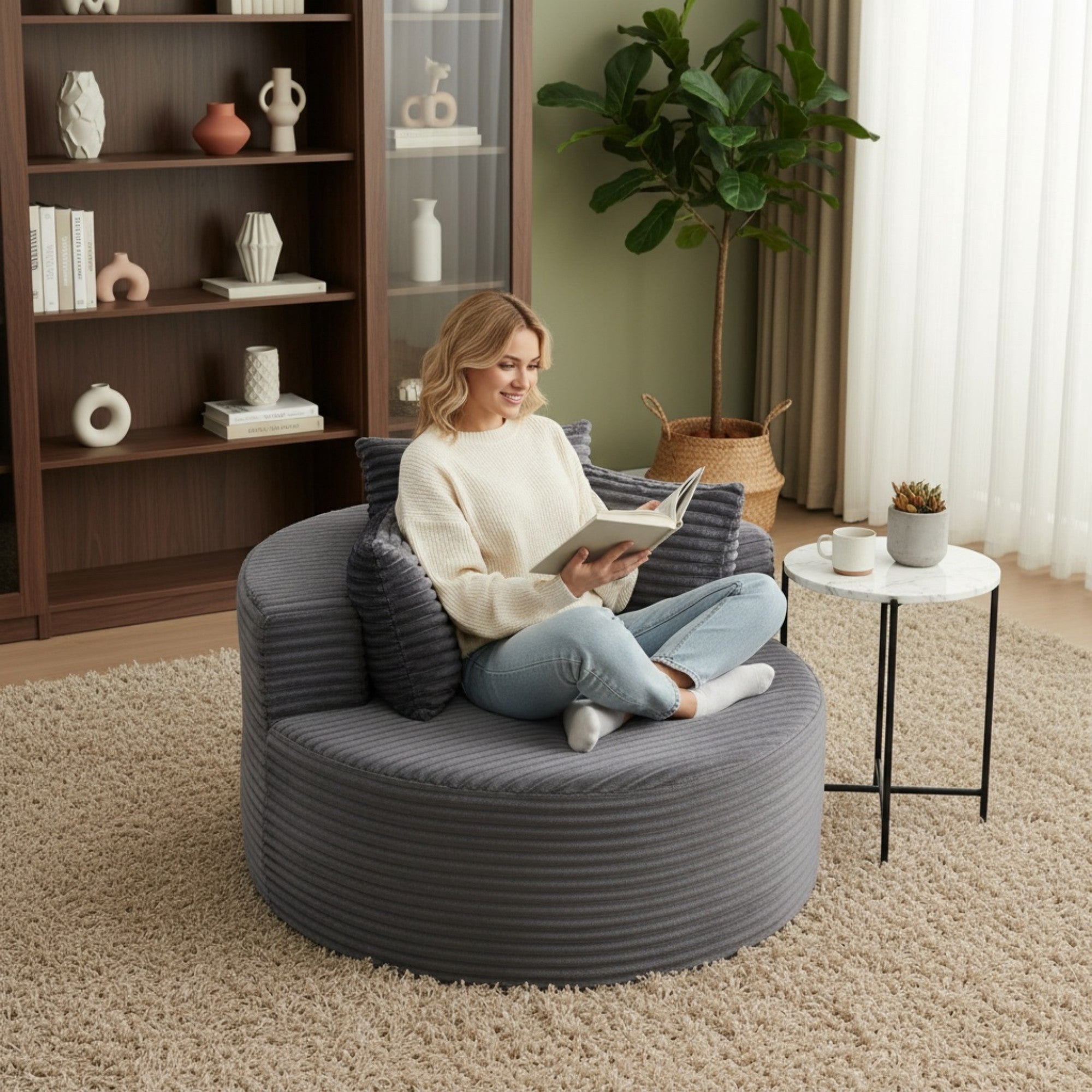 Sailvan 43" Round Corduroy Single Sofa Lounge Chair with 3 Pillows, Modern Minimalist Accent Chair for Bedroom, Living Room & Game Room Grey