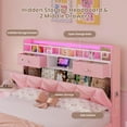 thumbnail image 3 of Full Size Bed Frame with LED Light and Charging Station and Storage Headboard,2 Drawers & Storage Shelves, Velvet Upholstered Platform Bed Frame,Pink, 3 of 9