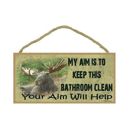 Moose Warning Sign - AIM TO KEEP THIS BATHROOM CLEAN Moose Primitive Wood Hanging Sign 5