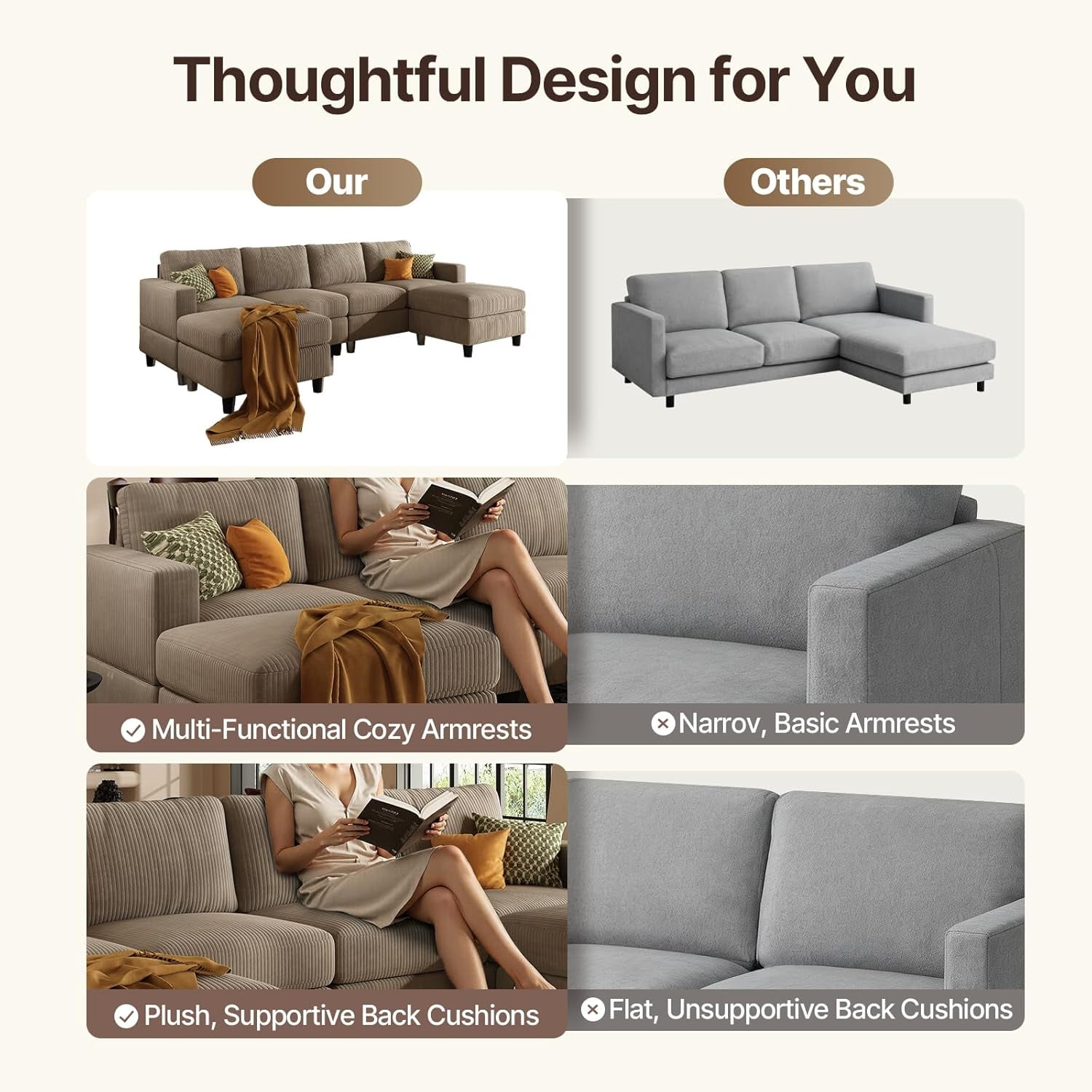 AENKYO U-Shaped Sectional Sofa Couch with 2 Ottomans, Convertible 4-Seat Living Room Furniture with Removable Cushions, Brown