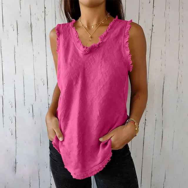 RKSTN Plus Size Tops for Women Sleeveless Cotton Linen Tank Top Solid Color Crew Neck Ripped Edges Spring Summer Travel Breathable Comfort Flowy Shirt Tops