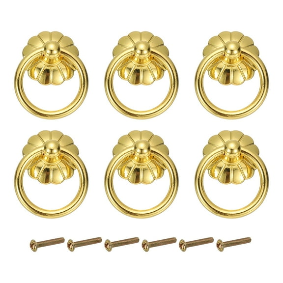Uxcell 6Pack Drawer Ring Pulls, 1.65" Zinc Alloy Hole Ring Cabinet Knobs with Screws for Cupboard Cabinet Drawer Dresser Closet Door, Gold