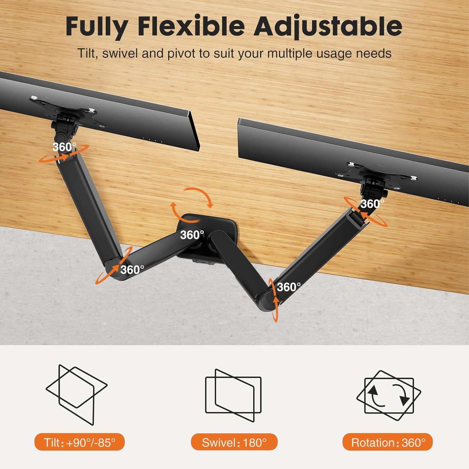 QUIOCOZY Dual Monitor Stand - Fully Adjustable 2 Monitors Arm for 13-32 Inch Screens, Holds up to 17.6lbs per Arm, with C-Clamp and Grommet Base, VESA Mount 75x75mm & 100x100mm
