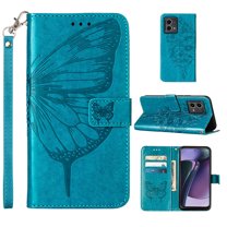 Feishell for Motorola Moto G Stylus 5G (2023) Flip Wallet Case with Wrist Strap,Butterfly & Flower Embossed Pattern PU Leather Magnetic Buckle Folio Credit Card Slots Kickstand Phone Case,Blue