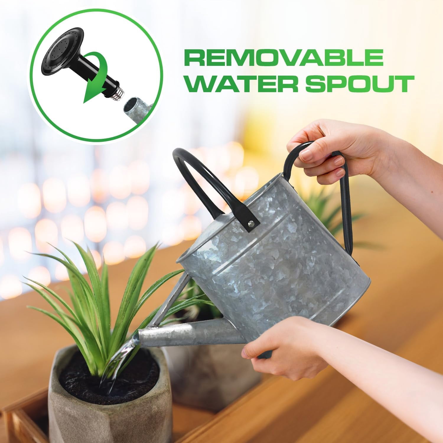 Plexon 1 Gallon Metal Watering Can Outdoor, Flower Plant Gardening Garden Large Galvanized Watering Can Pot Pitcher, Steel Black Handles and Removable Spray Spout, Silver