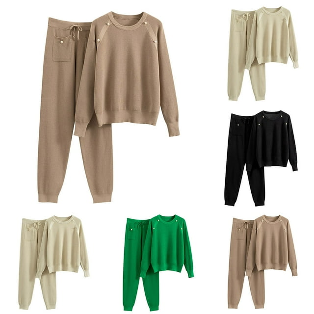 Sentmoon Ensemble de Pyjama Femmes Hauts à Manches Longues et Pantalons Décontractés pour Femmes Grande Taille Col Ras du Cou Tenue de Détente pour Femmes Chemises de Nuit à Manches Longues pour Femmes Automne pour Sorties Café
