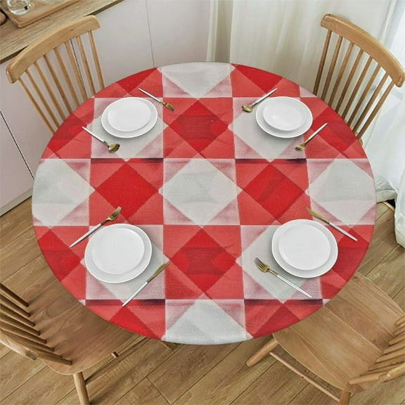 Qinduosi Round Buffalo Plaid Flannel Backed Tablecloth, Waterproof Wipeable Checkered Table Cloth for Dinner, Kitchen, Picnic White