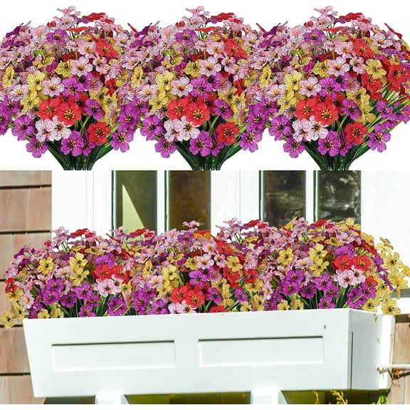 16 Bundles Artificial Flowers for Outdoors, Fake Silk Flowers Faux Plants UV Resistant for Hanging Planters Window Box Front Porch Indoor Outside Decorations (Red)