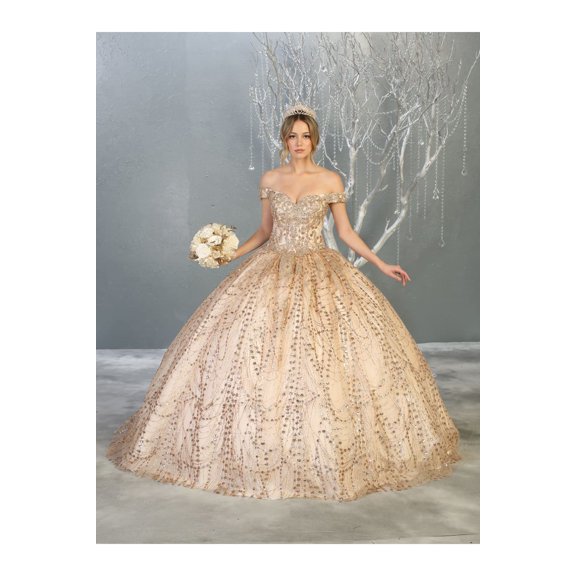 Womens Champagne/Gold Quinceanera Pageant Sweet 16 Long Sweetheart Off Shoulder Ball Gown Plus Size Dress