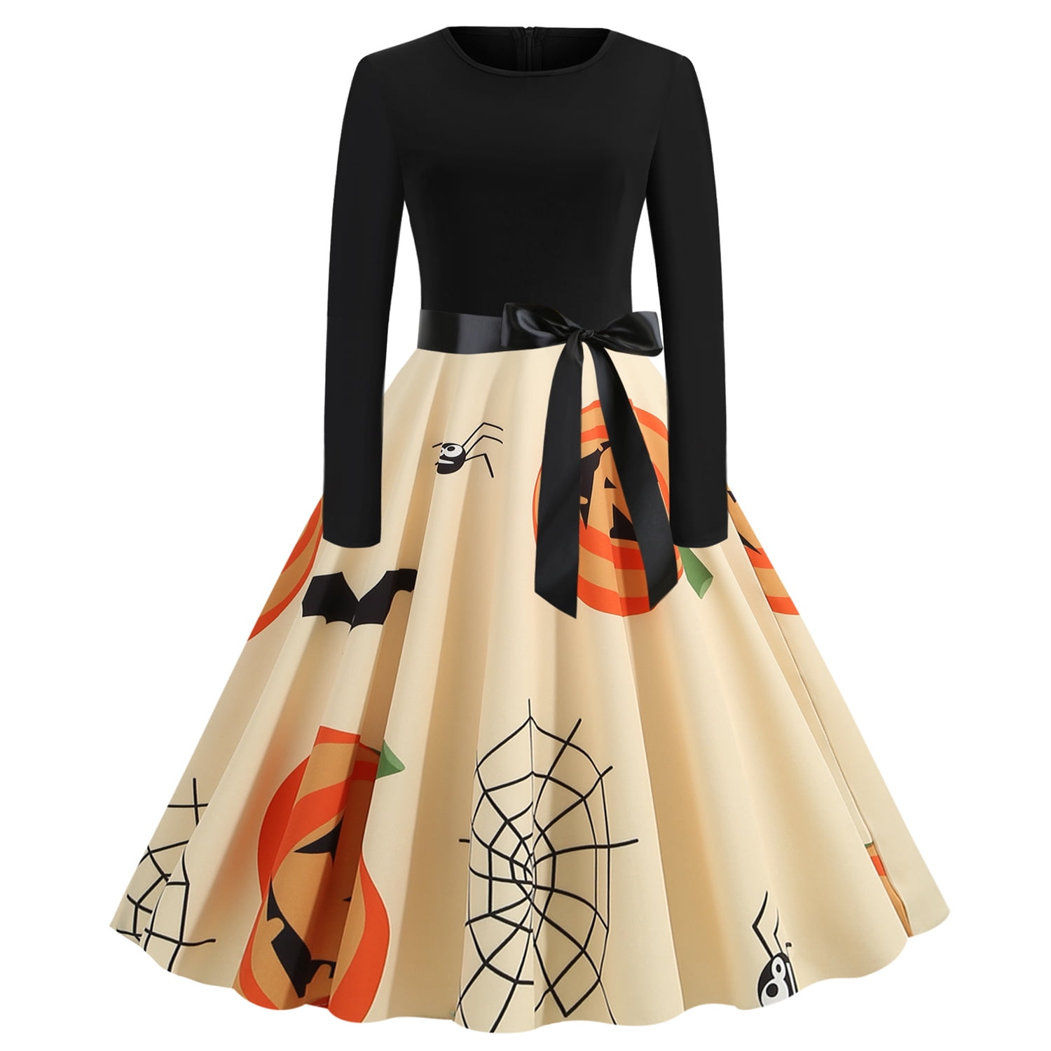 Halloween Dresses for Women Long Sleeve Cocktail Swing Dress Skeleton Pumpkin Printed A Line Dress