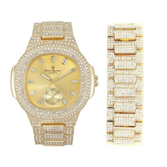 Charles Raymond Blinged Out Oblong Case Metal Mens Watch w/Matching Blinged Out Bracelet Set - ST10235 VO Shiny Gld -B