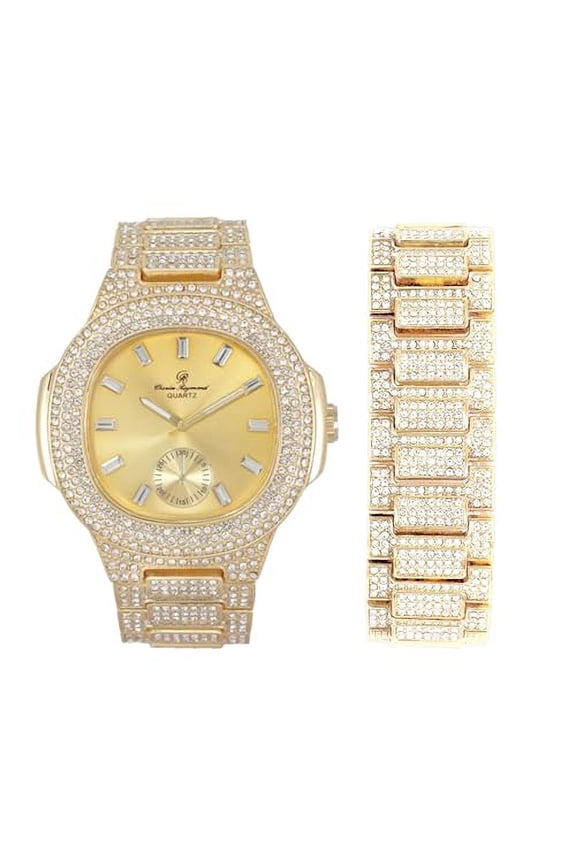 Blinged Out Oblong Case Metal Mens Watch w/Matching Blinged Out Bracelet Set - ST10235 VO Shiny Gld -B