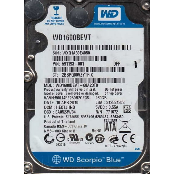 WD1600BEVT-60A23T0, DCM HECTJHNB, Western Digital 160GB SATA 2.5 Hard Drive