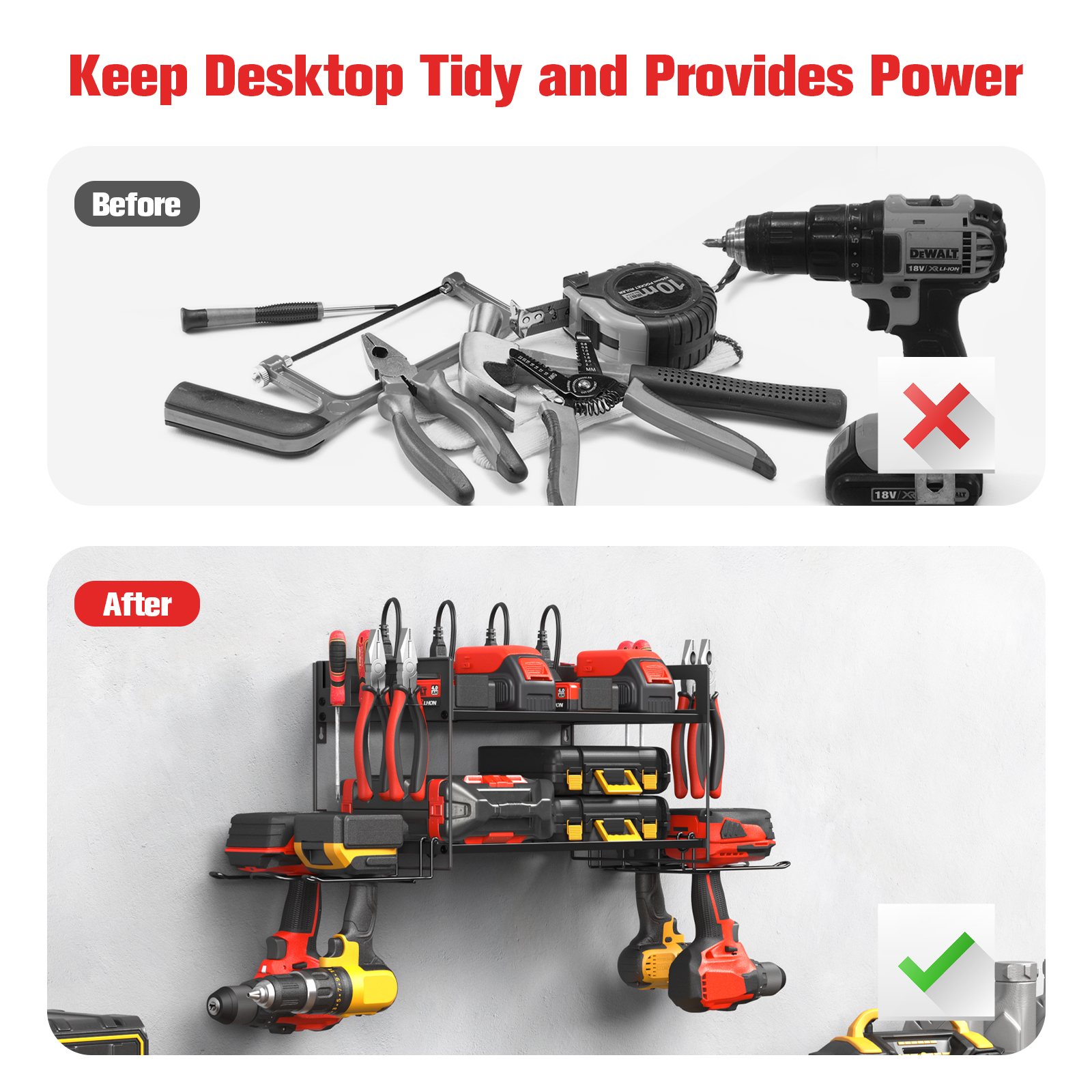VILONG Power Tool Organizer with Charging Station–Cordless Drill Holder&Battery Storage Rack–Garage Wall Mount Tool Shelf Heavy Duty,Gift for Men,Black