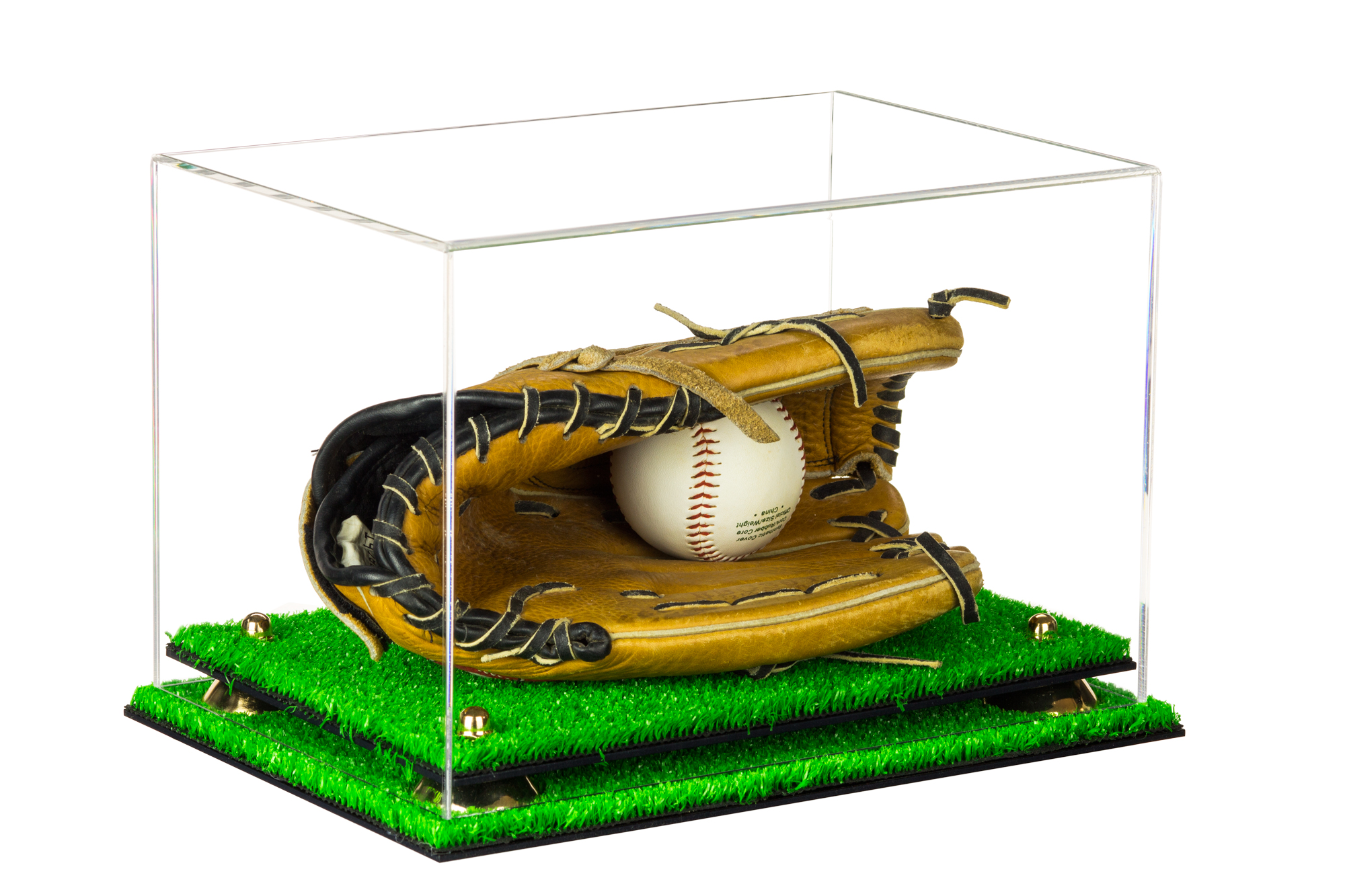 Deluxe Clear Acrylic Baseball Glove Display Case with Gold Risers and Turf Base (A004GR