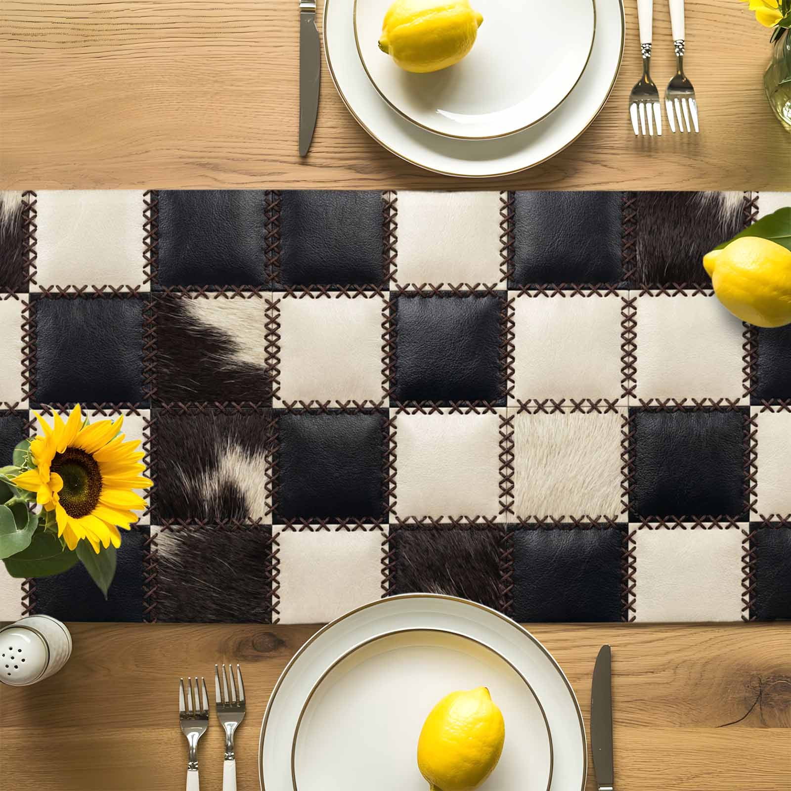 Leather Patchwork Table Runner 18x72 Inch Country Farmhouse Black White Brown Plaid Checkered Cotton Linen Dining Table Runner Ideal for Dresser Kitchen Coffee Tables - Machine Washable