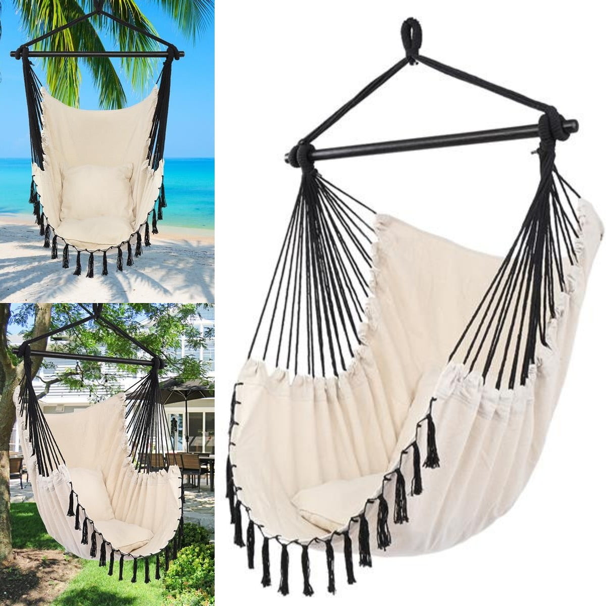 Outdoor Swing Chair, Hammock Chair Swing SoftSpun Cotton Rope Weaving Chair Hardwood Spreader