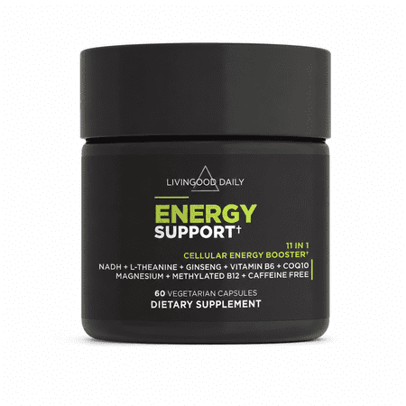 Livingood Daily Energy Support, 11-in-1 Supplement with Magnesium, Vitamin B6, B12, Amino Acids, L Carnitine, CoQ10, Ginseng & L Theanine, Supports Natural Energy for Men & Women, Vegan, 60 Capsules