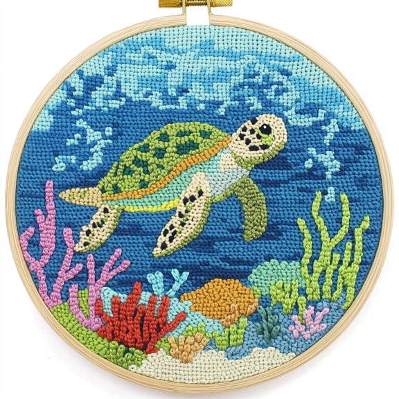 DIY Punch Needle Kits Sea Turtle Scenery Easy for Beginners Punch Needle Embroidery Set with Hoop Stamped Pattern for Craft lovers and Home Decor-1