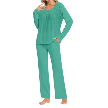 Yufatyle Womens Solid Pajamas Set Long Sleeve Sleepwear 2 Piece Comfy Loose Lounge Set Green Homewear Pants Set L