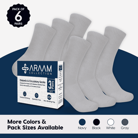 Araam Collection Diabetic Crew Socks - Non-Binding Cotton Diabetic Socks for Men and Women - 6 pairs, Gray (Size 13-15)
