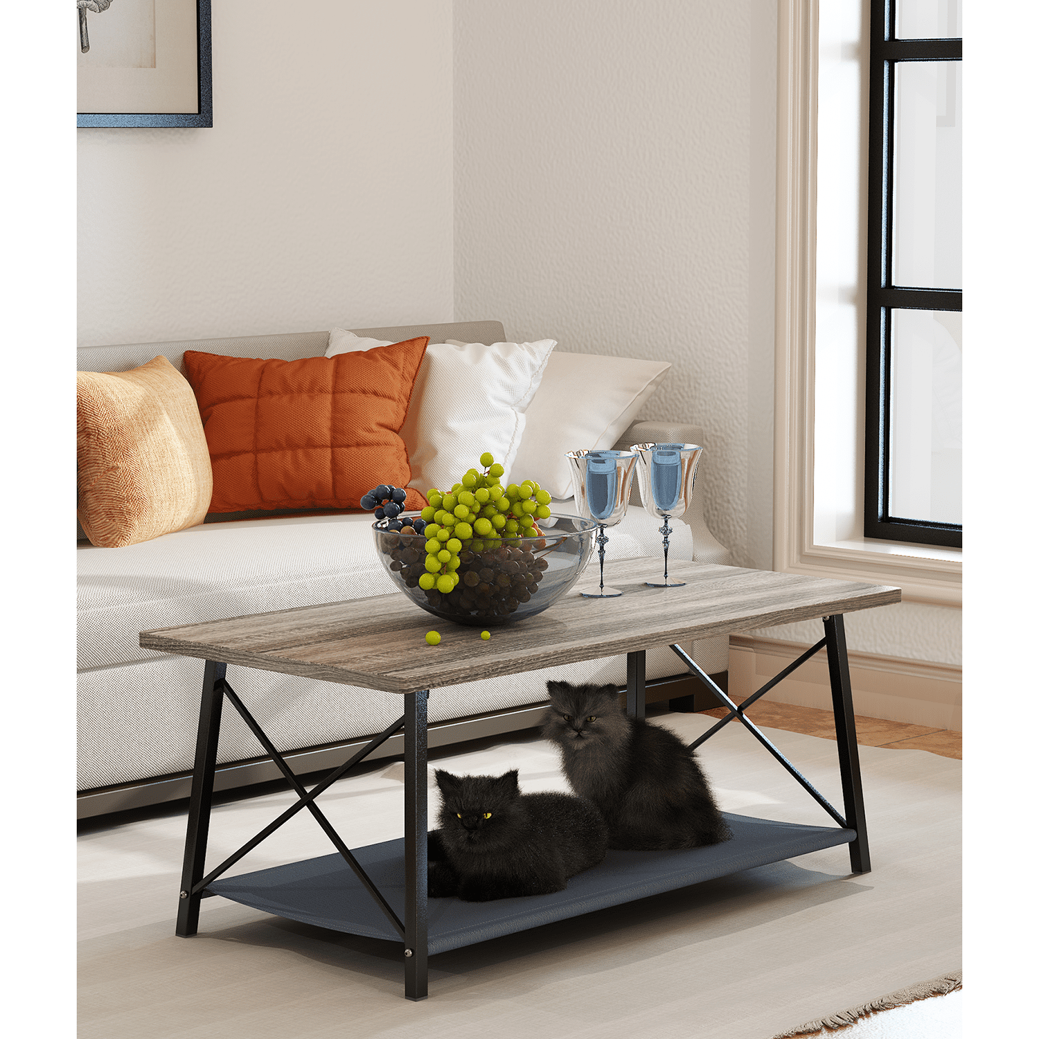 Kadyn Coffee Table, Rectangular Coffee Table for Living Room, 2-Tier Tea Table & Pet Sharing Table (Provide pet mat), X-Shape Decor, Black Kadyn Coffee Table, Rectangular Coffee Table for Living Room, 2-Tier Tea Table & Pet Sharing Table (Provide pet mat), X-Shape Decor, Black