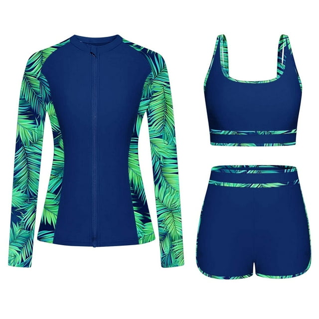 Penkiiy Mujer 3 piezas Print Rash Guard, manga larga UPF 50 + Zip Athletic Surfing Swimsuit con bolsillo Bulit-in Bra